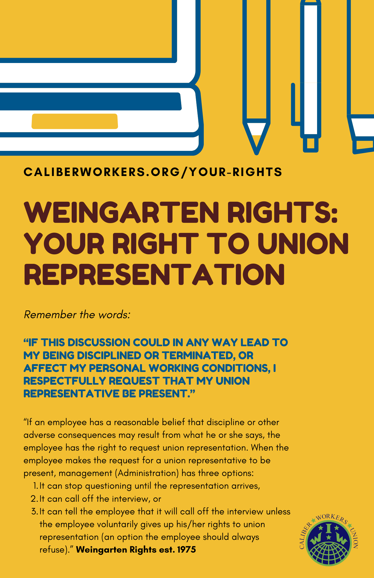 Poster instructing members to learn more about their rights at es.caliberworkers.org/your-rights